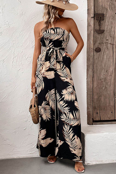Printed Strapless Wide Leg Jumpsuit with Pockets - MimiStylez