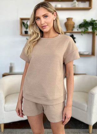 Double Take Full Size Texture Short Sleeve T-Shirt and Drawstring Shorts Set - MimiStylez