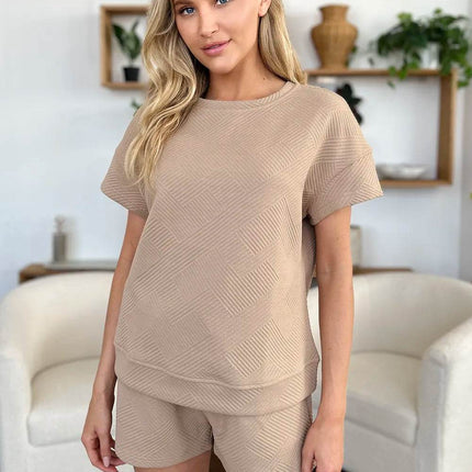 Double Take Full Size Texture Short Sleeve T-Shirt and Drawstring Shorts Set - MimiStylez