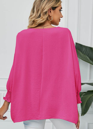 Smocked Lantern Sleeve Round Neck Blouse - MimiStylez