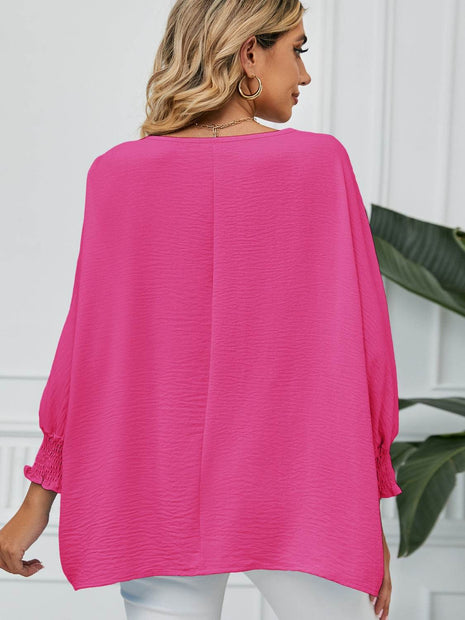 Smocked Lantern Sleeve Round Neck Blouse - MimiStylez