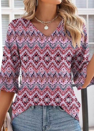 Women's Printed Hollow Ruffle Sleeve Casual Short-sleeved Top - MimiStylez