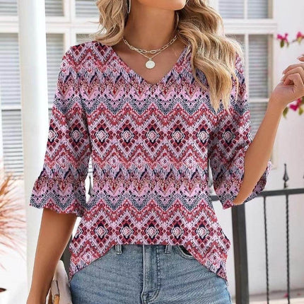 Women's Printed Hollow Ruffle Sleeve Casual Short-sleeved Top - MimiStylez