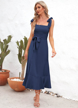 Square Neck Tie Strap Midi Dress - MimiStylez