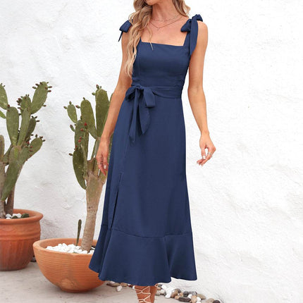 Square Neck Tie Strap Midi Dress - MimiStylez