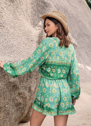 Printed Ruffled Balloon Sleeve Romper - MimiStylez