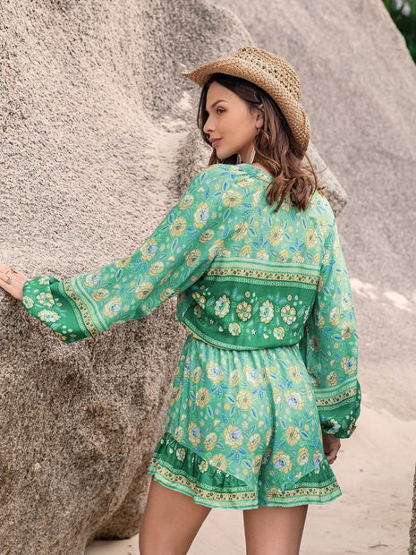 Printed Ruffled Balloon Sleeve Romper - MimiStylez