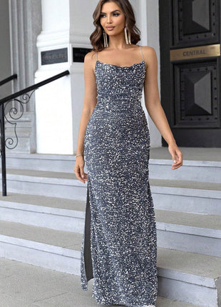 Sequin Backless Split Maxi Dress - MimiStylez