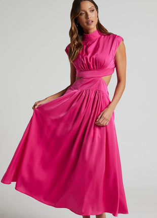 Cutout Mock Neck Sleeveless Ruched Dress - MimiStylez