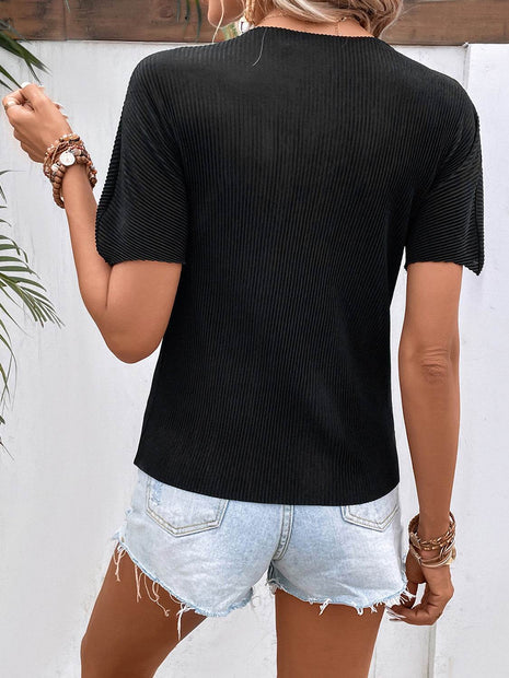 Ribbed Round Neck Short Sleeve T-Shirt - MimiStylez