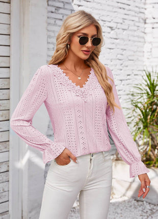 Applique V-Neck Flounce Sleeve T-Shirt - MimiStylez