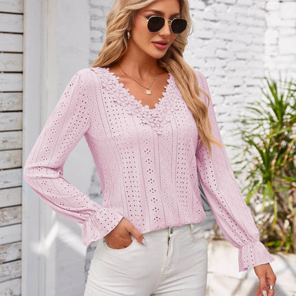Applique V-Neck Flounce Sleeve T-Shirt - MimiStylez