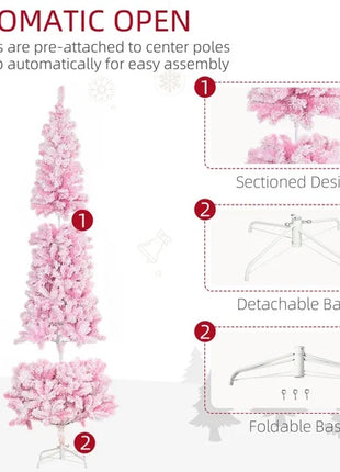 7.5FT Unlit Flocked Pink Christmas Tree Pencil Tree With Pine Shape And Realistic Branches