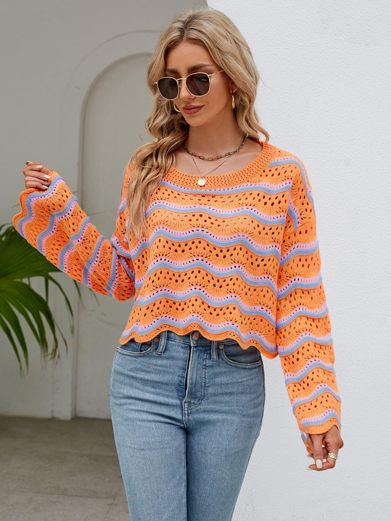 Round Neck Openwork Flare Sleeve Knit Top