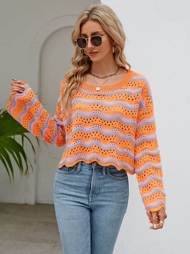 Round Neck Openwork Flare Sleeve Knit Top - MimiStylez