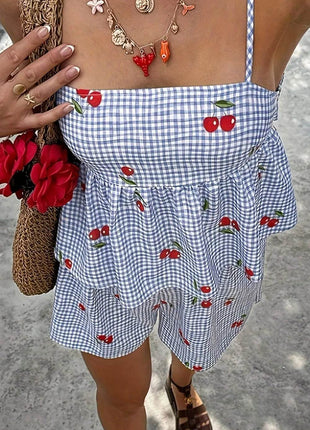 Floral Gingham Print Cami and Shorts Two-Piece Set - MimiStylez