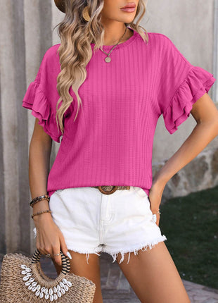 Ruffled Round Neck Short Sleeve Blouse - MimiStylez