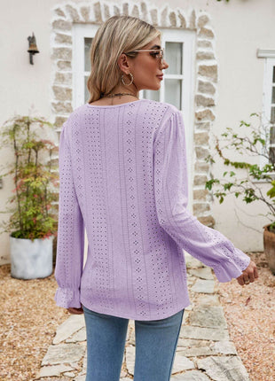 Eyelet Lace Trim Flounce Sleeve Blouse - MimiStylez