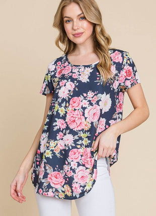 BOMBOM Floral Round Neck Short Sleeve T-Shirt - MimiStylez