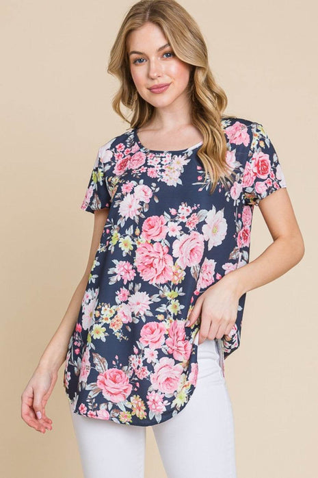 BOMBOM Floral Round Neck Short Sleeve T-Shirt - MimiStylez