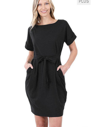 Plus Brushed Tie Belt Dress - MimiStylez