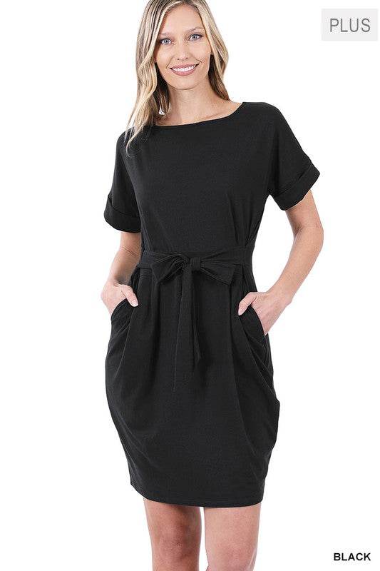 Plus Brushed Tie Belt Dress - MimiStylez