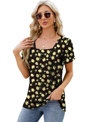 Square Neck Short-sleeved T-shirt With Petal Sleeve Design Bohemian Loose T-shirt - MimiStylez