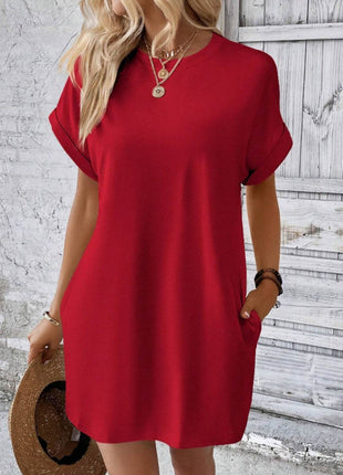 Pocketed Round Neck Short Sleeve Dress - MimiStylez