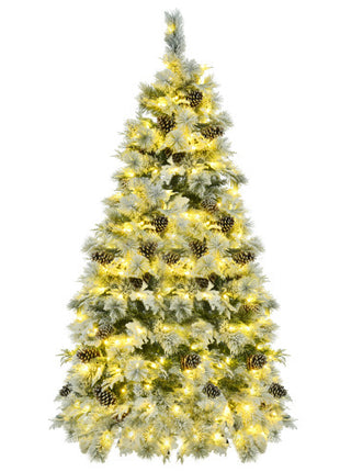 6FT Pre-Lit Spruce Snow Flocked Christmas Tree With Pine Cones, 250 Multi-Color LED Lights, 11 Flashing Modes