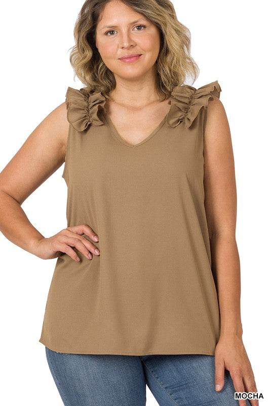 Plus Woven Wool Dobby Ruffle Trim Sleeveless Top - MimiStylez