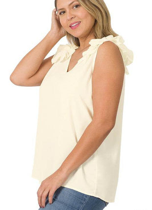 Plus Woven Wool Dobby Ruffle Trim Sleeveless Top - MimiStylez