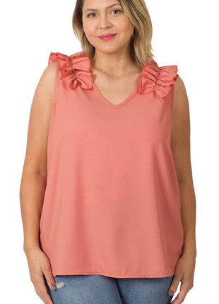 Plus Woven Wool Dobby Ruffle Trim Sleeveless Top - MimiStylez