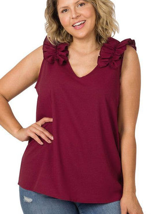 Plus Woven Wool Dobby Ruffle Trim Sleeveless Top - MimiStylez