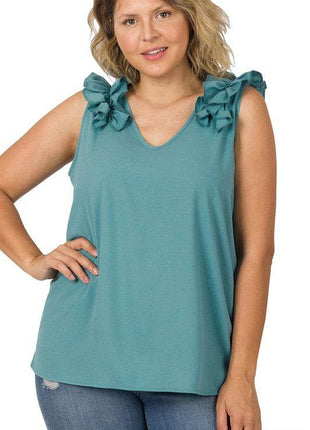Plus Woven Wool Dobby Ruffle Trim Sleeveless Top - MimiStylez