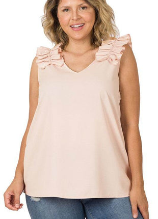 Plus Woven Wool Dobby Ruffle Trim Sleeveless Top - MimiStylez