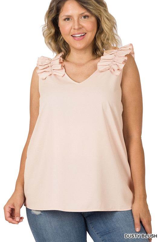 Plus Woven Wool Dobby Ruffle Trim Sleeveless Top - MimiStylez