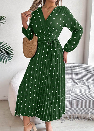 Tied Polka Dot Long Sleeve Midi Dress - MimiStylez