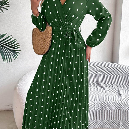 Tied Polka Dot Long Sleeve Midi Dress - MimiStylez