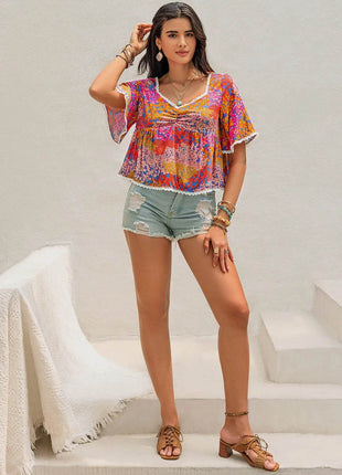 Ruched Printed Half Sleeve Blouse - MimiStylez
