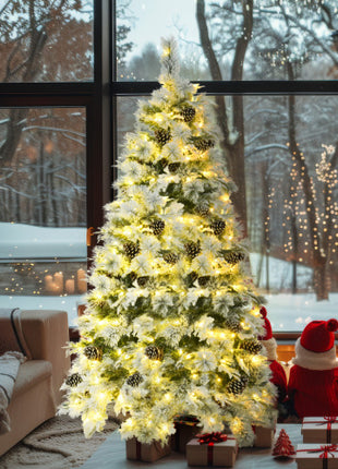 6FT Pre-Lit Spruce Snow Flocked Christmas Tree With Pine Cones, 250 Multi-Color LED Lights, 11 Flashing Modes