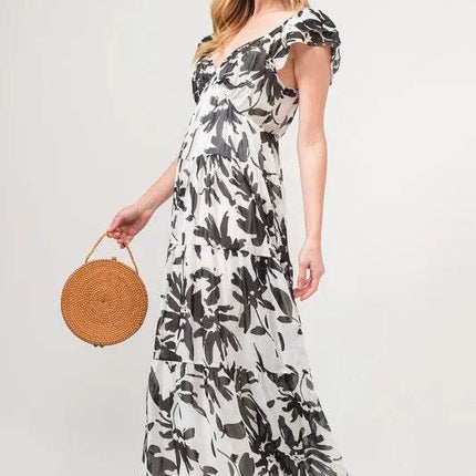 And The Why Ruffled Sleeve Tiered Floral Print Maxi Dress - MimiStylez