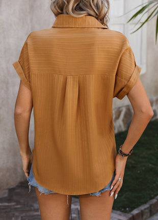 Textured Button Up Cap Sleeve Shirt - MimiStylez