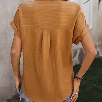 Textured Button Up Cap Sleeve Shirt - MimiStylez