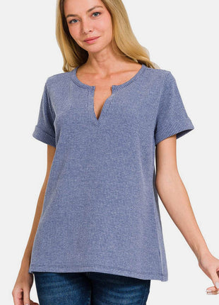Zenana Notched Short Sleeve Waffle T-Shirt - MimiStylez