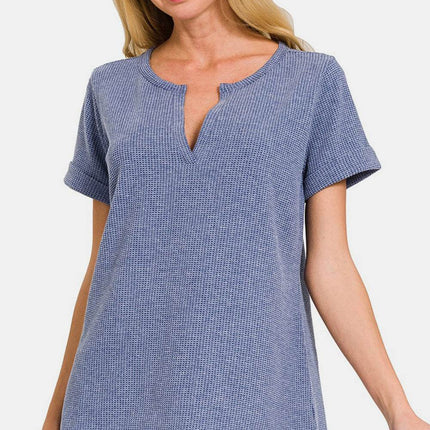 Zenana Notched Short Sleeve Waffle T-Shirt - MimiStylez
