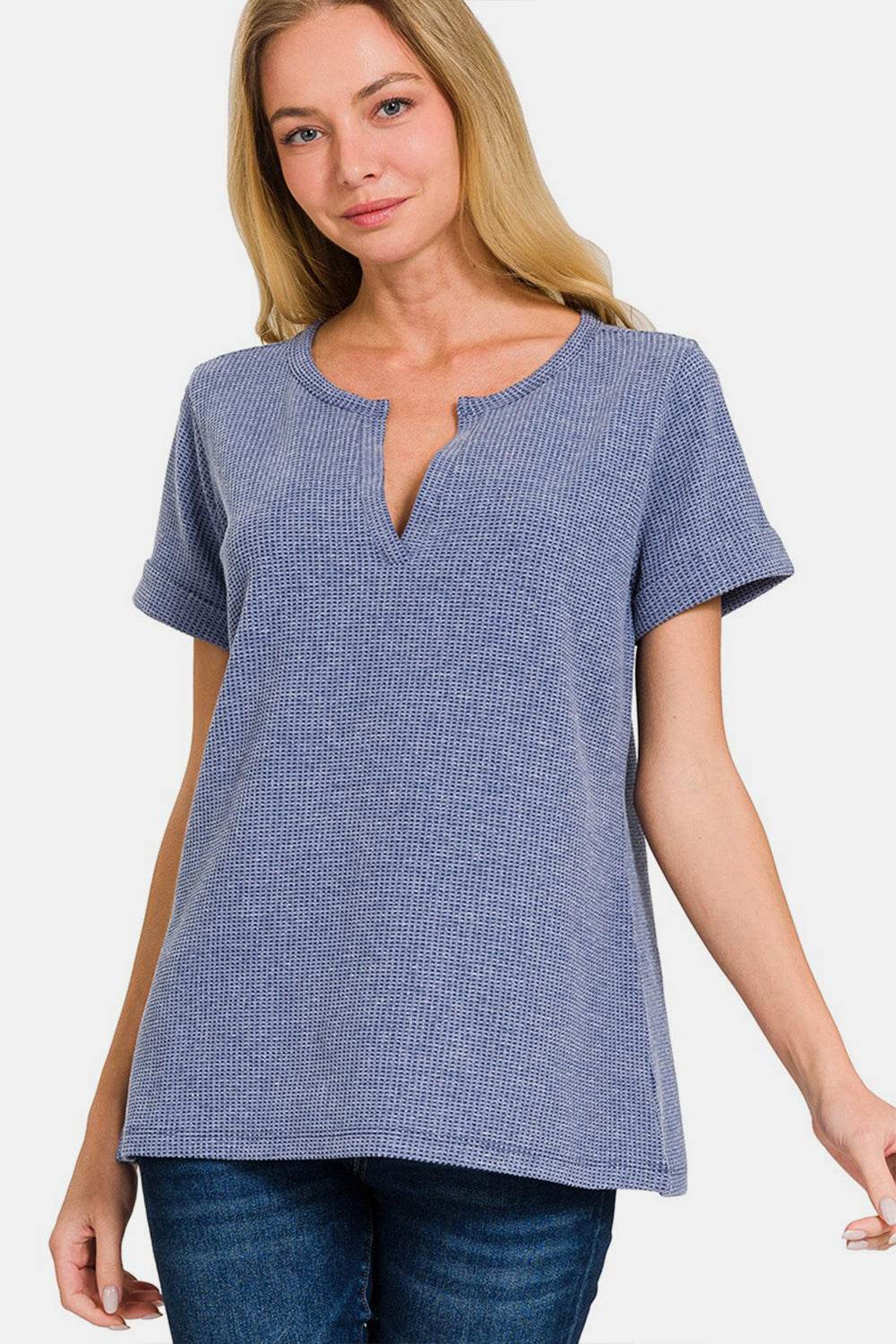 Zenana Notched Short Sleeve Waffle T-Shirt - MimiStylez