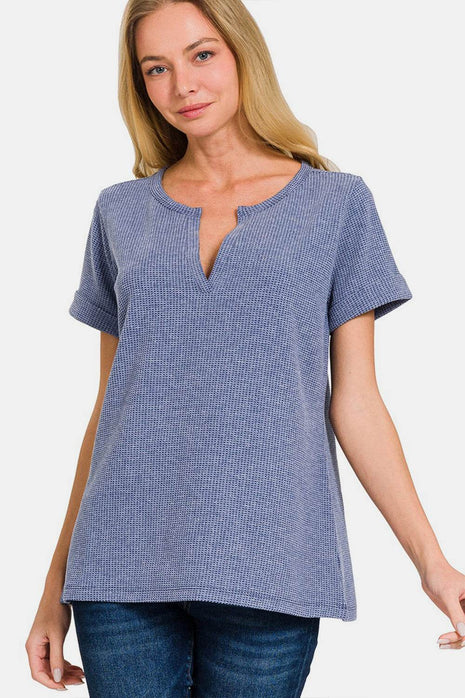 Zenana Notched Short Sleeve Waffle T-Shirt - MimiStylez