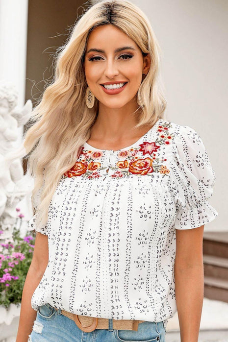 Embroidered Round Neck Flounce Sleeve Blouse - MimiStylez