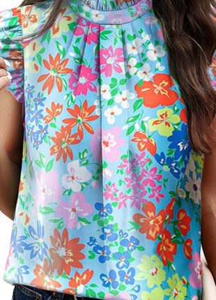 Ruffled Printed Mock Neck Cap Sleeve Blouse - MimiStylez