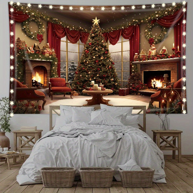 1pc Luminous Christmas Tree Pattern Tapestry - Vibrant Wall Hanging Decor for Party, Photo Studio Props, and Home Decoration - Includes Free Installation Package and String Lights for a Festive Ambiance